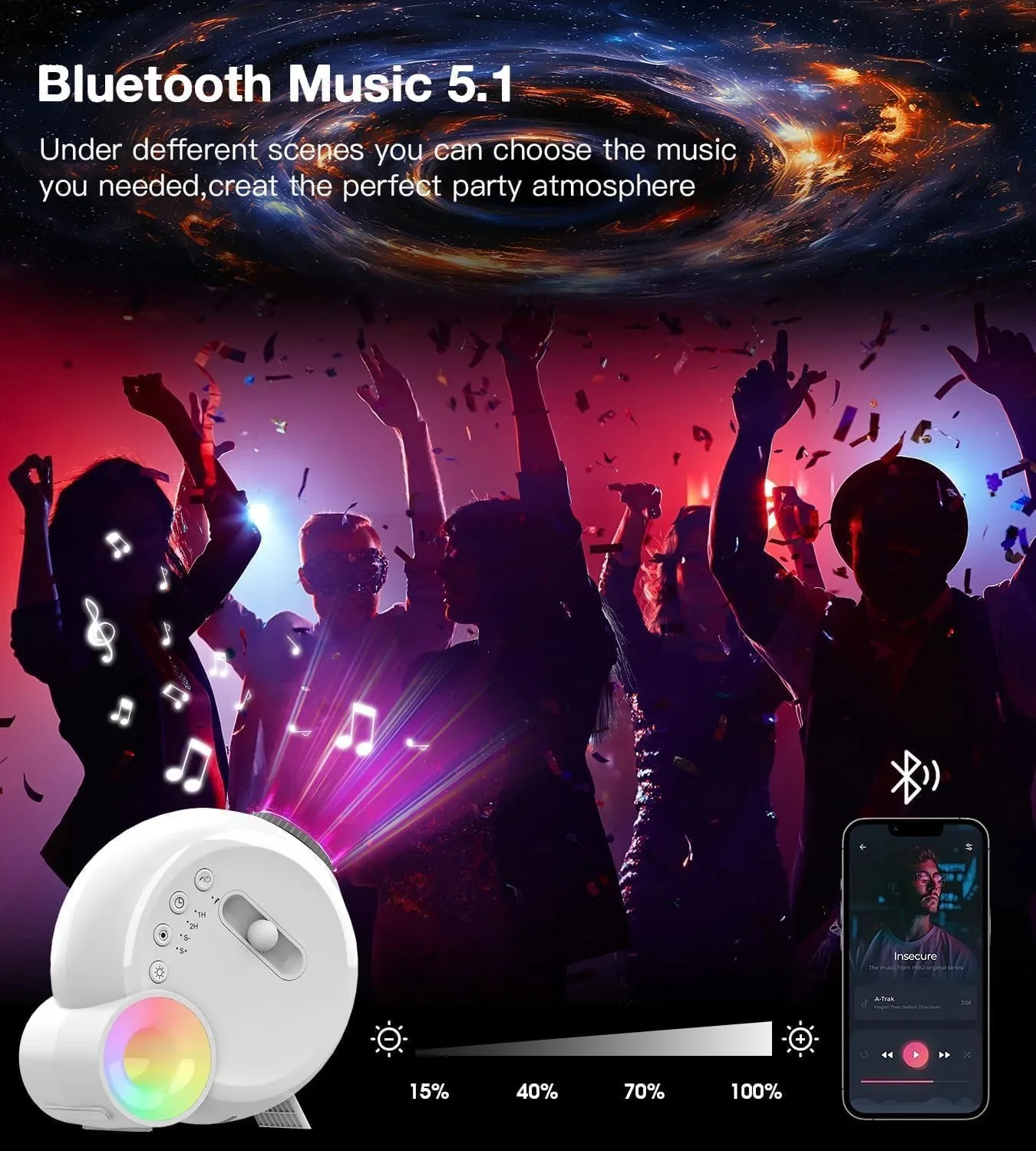 Galaxy Projector нощна лампа Aurora с метеор ефект, Bluetooth музика и 15 бели шума, 12 диска — снимка 6