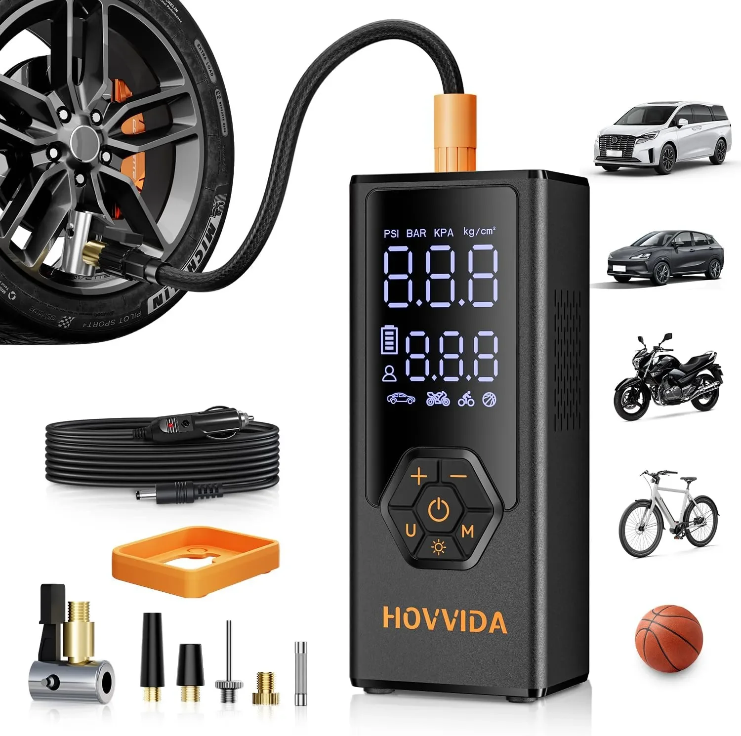 Преносим въздушен компресор за гуми HOVVIDA, 7800 mAh, 12V DC, до 150 PSI, 40 л/мин