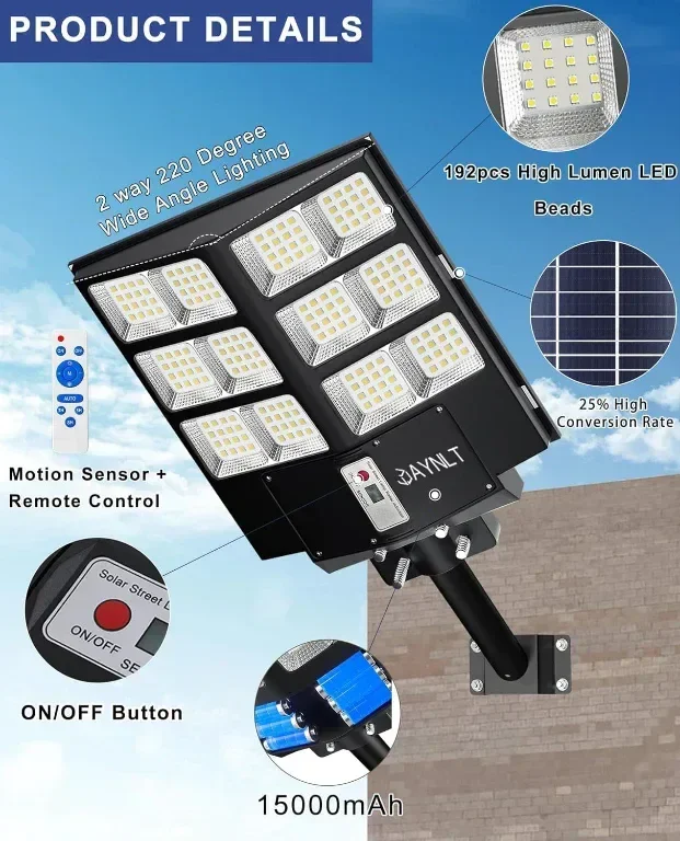 JAYNLT 800W Соларна улична лампа със сензор за движение, дистанционно — снимка 6