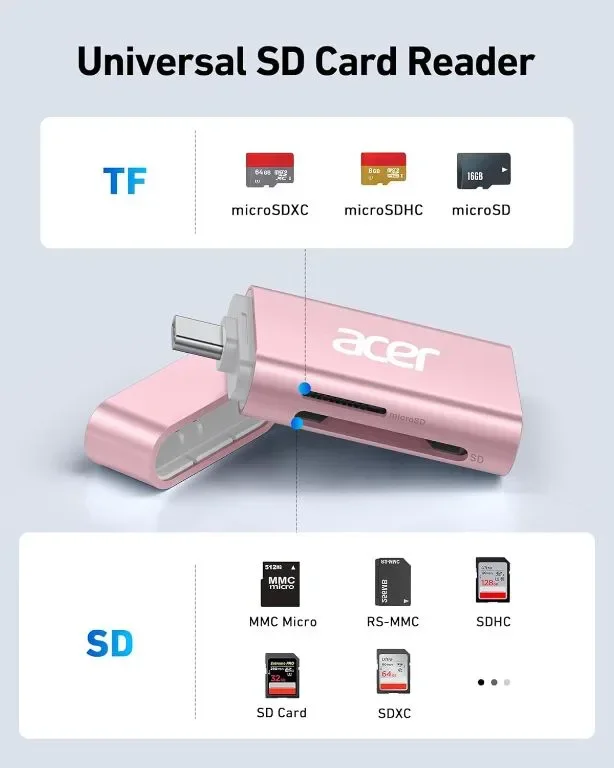 Acer USB C SD 4.0 четец на карти 2 в 1, UHS-II Micro SD, розов — снимка 3
