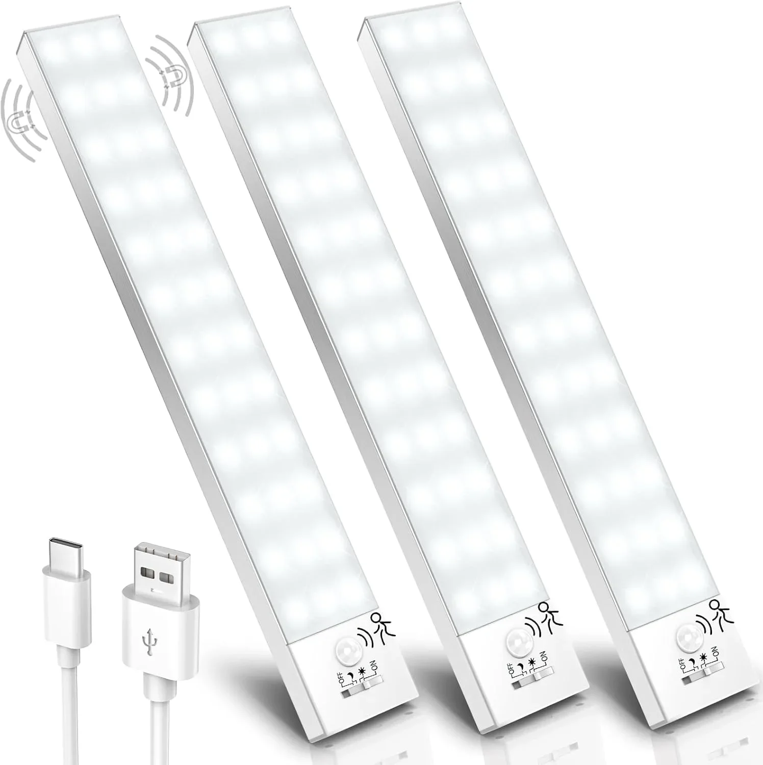Комплект 3 броя LED USB лампи за гардероб със сензор за движение и магнитно закрепване