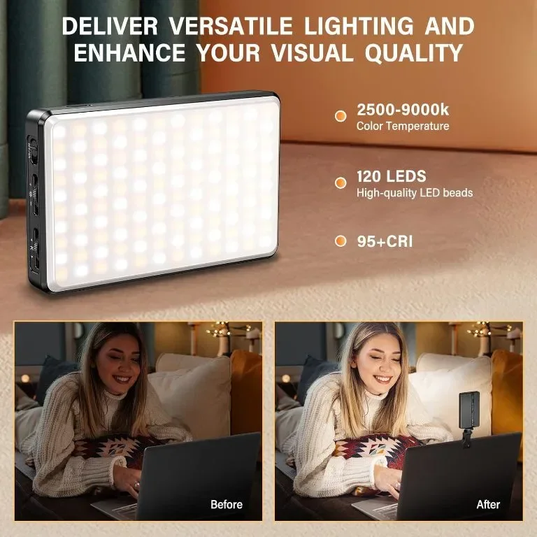Селфи светлина със щипка и статив, 3000 mAh 120 светодиода, CRI 95+ Димируема преносима — снимка 3