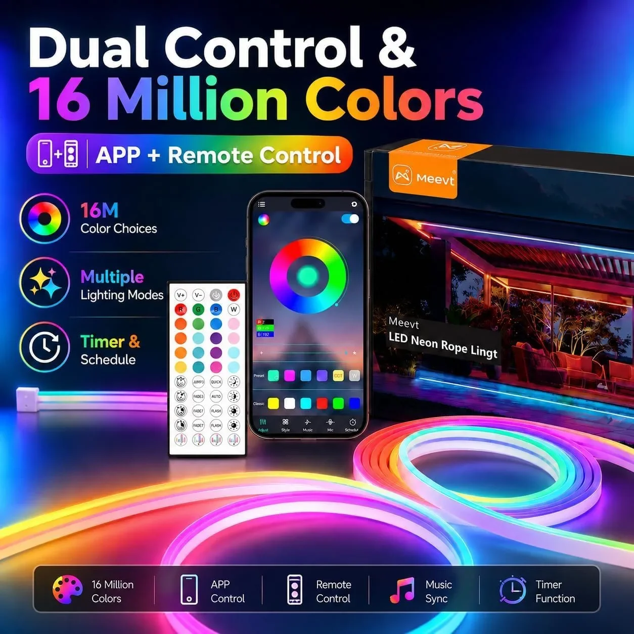 RGB LED неонова лента 5 м 24 V IP65 с APP и дистанционно — снимка 5