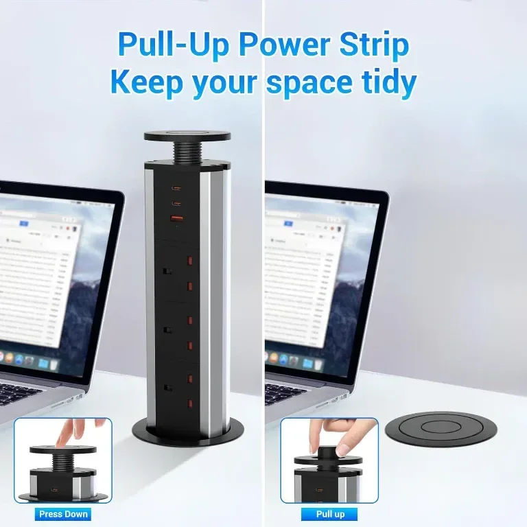Hanstore Pop Up Socket Издърпващ се разклонител с 3 гнезда, 2 Type-C и 1 USB порт за зареждане — снимка 4