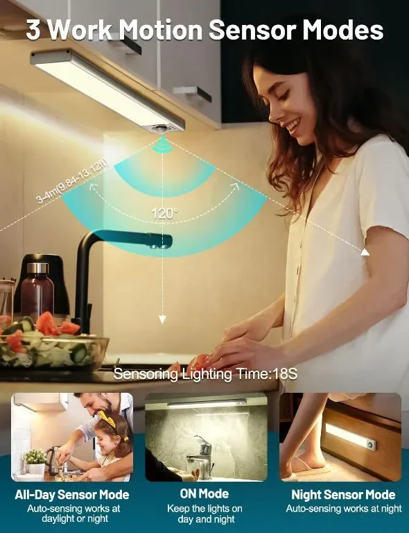 Гардеробни лампи, под шкафа, 3 броя 72 LED, сензор за движение, Type-C презареждащи се,дистанционно — снимка 4