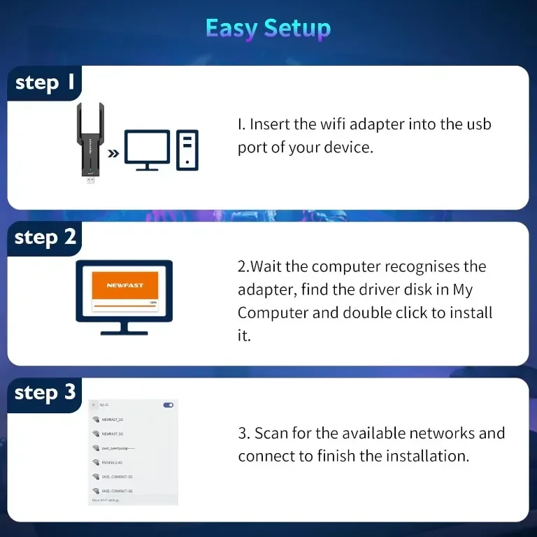 NEWFAST 5400Mbps WiFi Dongle Трибандов USB 3.0 WiFi 6E адаптер, MU-MIMO, WPA3 — снимка 6