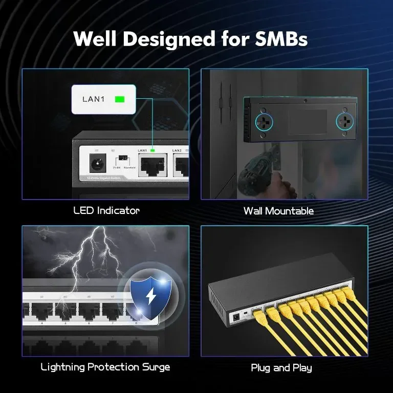 YuLinca 10-портов Gigabit Ethernet комутатор, 8 x 100/1000Mbps порта, 2 Gigabit Uplink, VLAN — снимка 2
