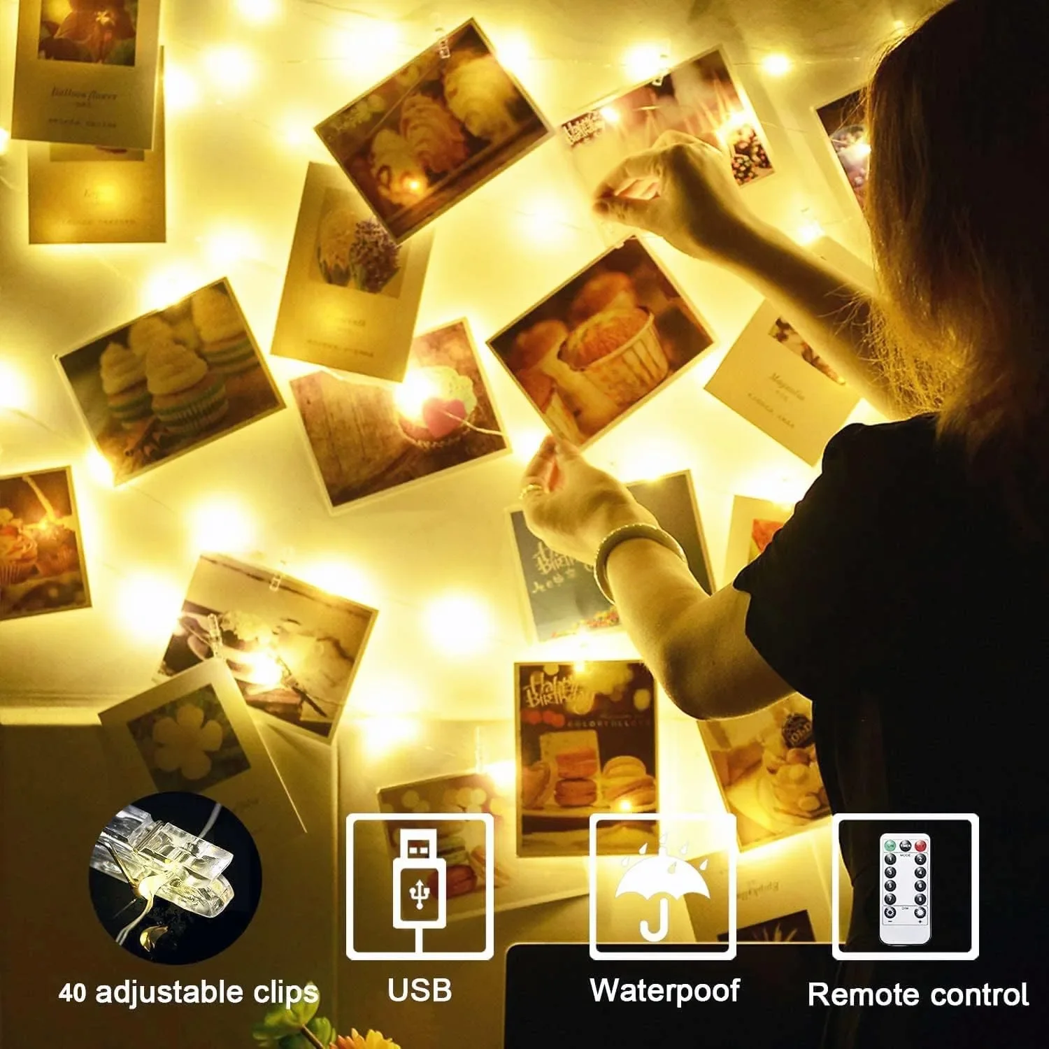Комплект LED феерични лампички за снимки – 2 х 12 м (120 LED) с 40 щипки, дистанционно и таймер, USB захранване — снимка 2