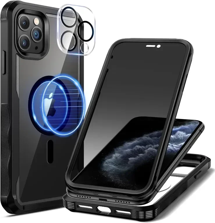 seacosmo Магнитен калъф за iPhone 11 Pro 5,8 инча, вграден 9H протектор за поверителност, черен