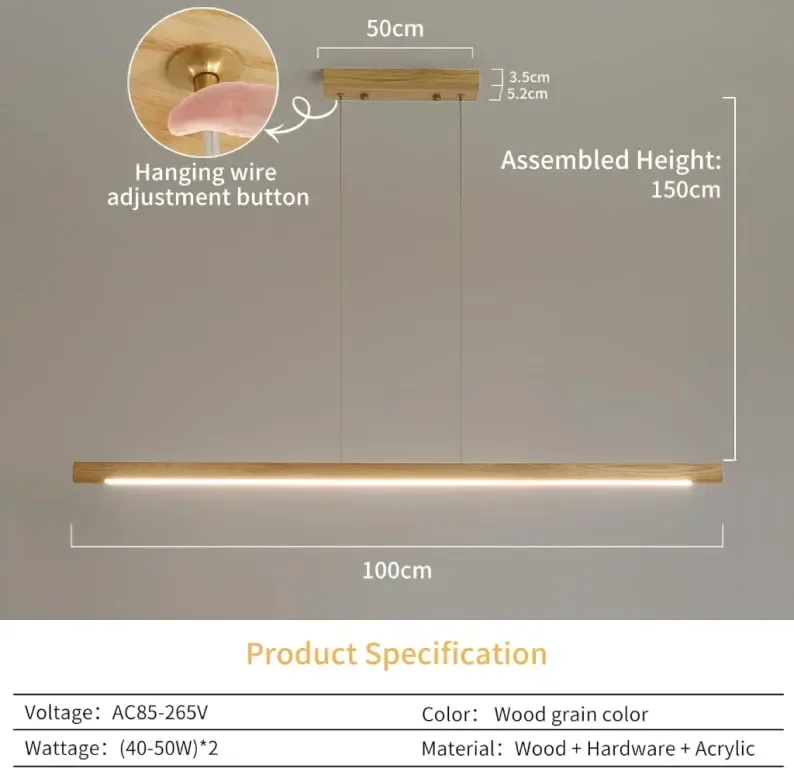 Дървен линеен пендел Mikeru, 100 см димируем 3000k-6500k LED — снимка 2