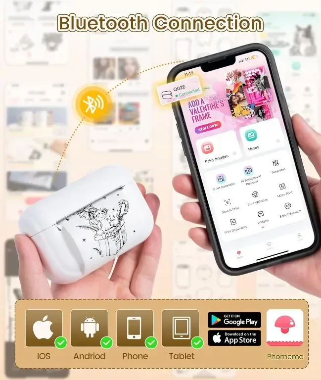 Tattmuse мини термичен принтер Q02E, Bluetooth, с 3 ролки термо хартия, бял — снимка 9