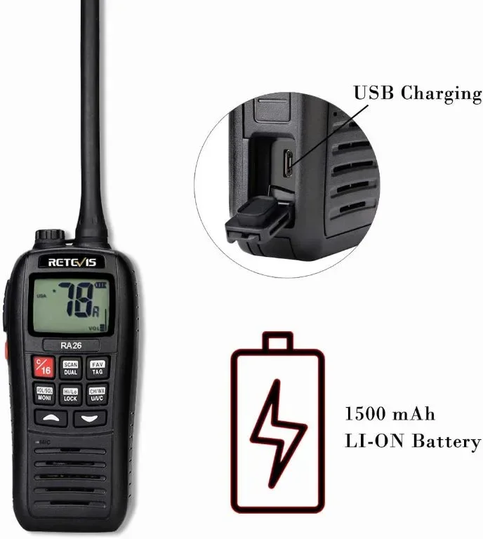 Retevis RA26 Ръчно VHF морско радио, IP67 водоустойчива уоки токи, 88 канала, USB зареждане — снимка 3