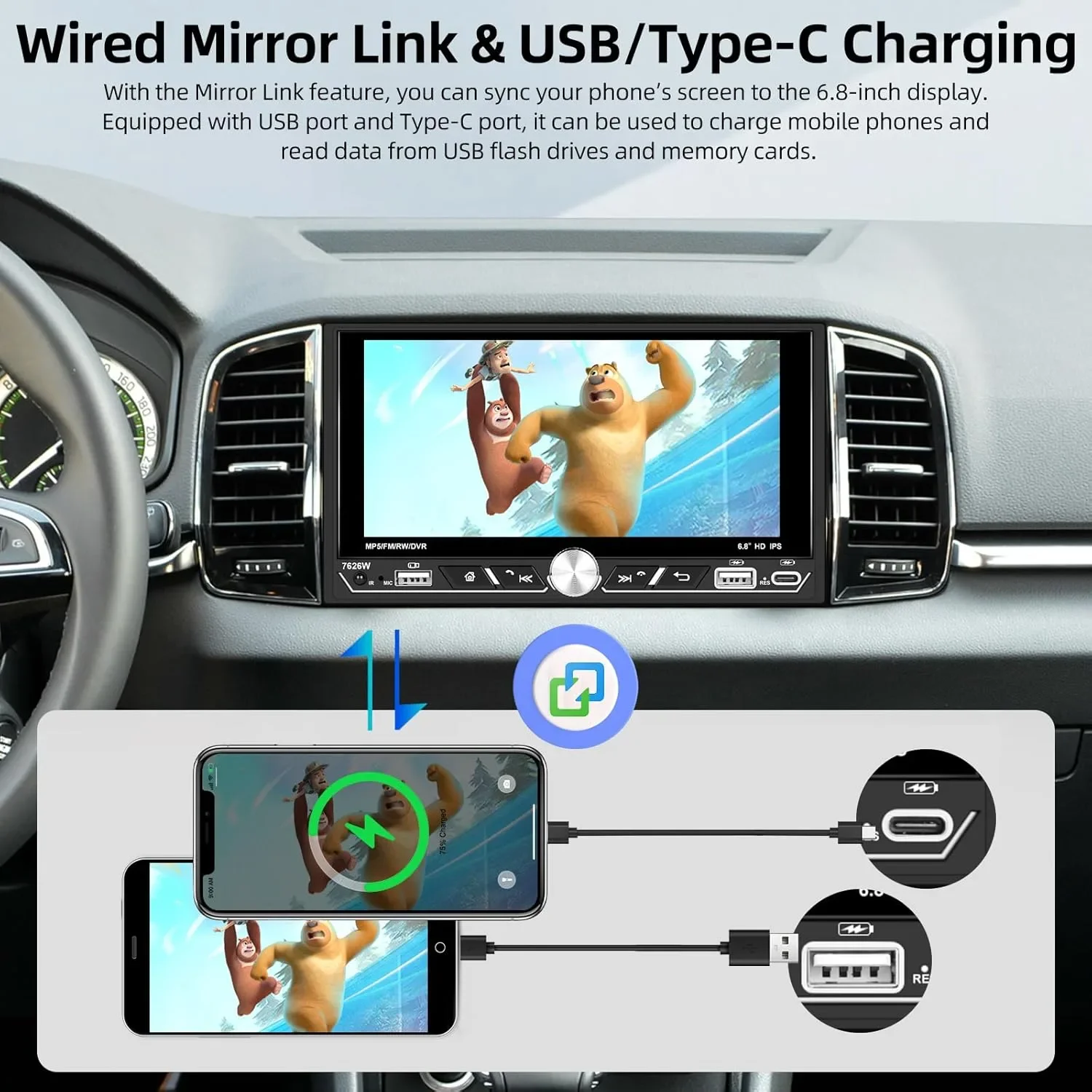Двудиново автомобилно радио с 6.8-инчов дисплей и безжичен CarPlay/Android Auto, Bluetooth 5.2 — снимка 4