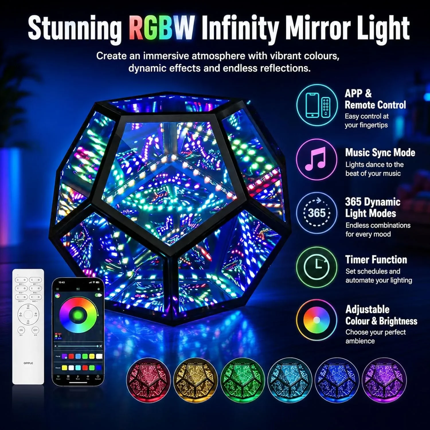 RGBW Infinity Mirror LED лампа с дистанционно и APP контрол (умно осветление) — снимка 7
