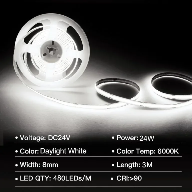 SIRYYUI COB LED лента 3M,6000K, 480LEDs/M, DC24V, CRI 90+ с RF дистанционно и захранване