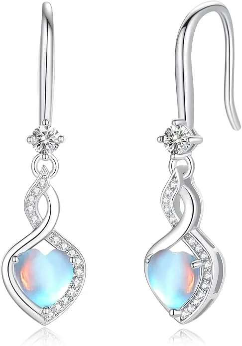 Сребърни обеци Infinity Heart с лунен камък, 925 сребро