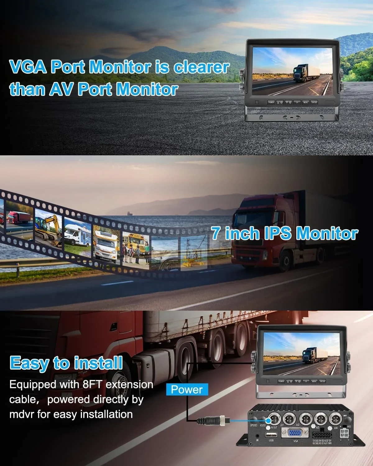 4-канален мобилен DVR за автомобил с 7-инчов VGA монитор и камери за видеонаблюдение (1080P, H.265) — снимка 6