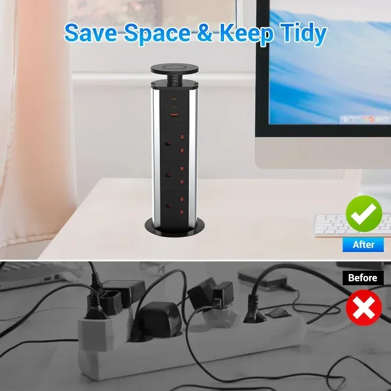Hanstore Pop Up Socket Издърпващ се разклонител с 3 гнезда, 2 Type-C и 1 USB порт за зареждане — снимка 6