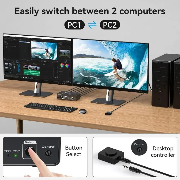 VEDINDUST KVM суич 2 монитора 2 компютъра 4K60HZ HDMI, 4 USB, настолен контролер — снимка 5