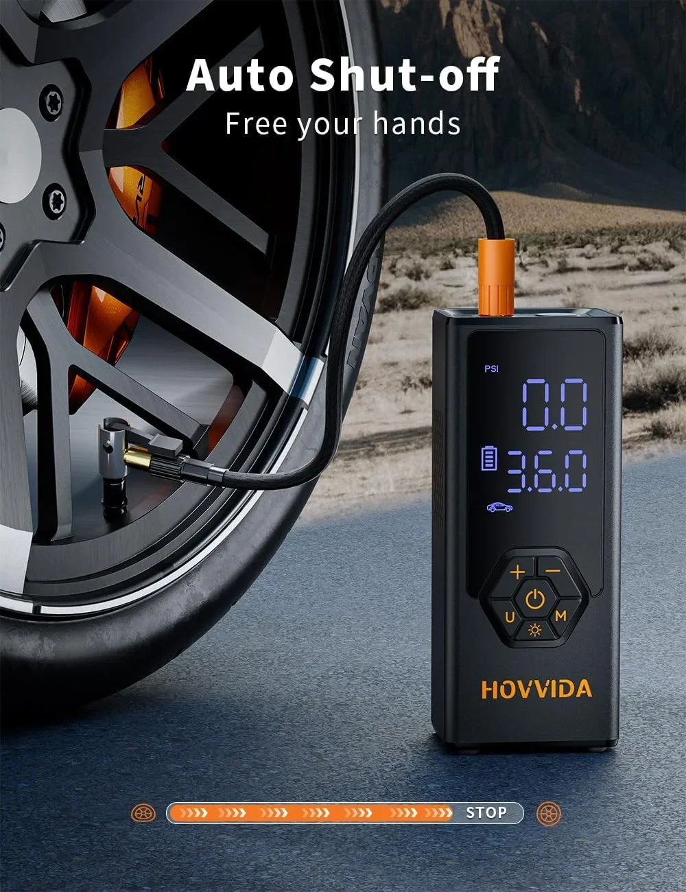 Преносим въздушен компресор за гуми HOVVIDA, 7800 mAh, 12V DC, до 150 PSI, 40 л/мин — снимка 9
