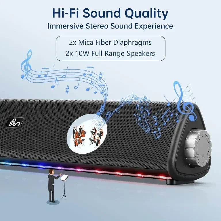 SOMEYOU Bluetooth високоговорител за компютър, 20 W стерео звук, 3,5 mm Aux-in — снимка 3