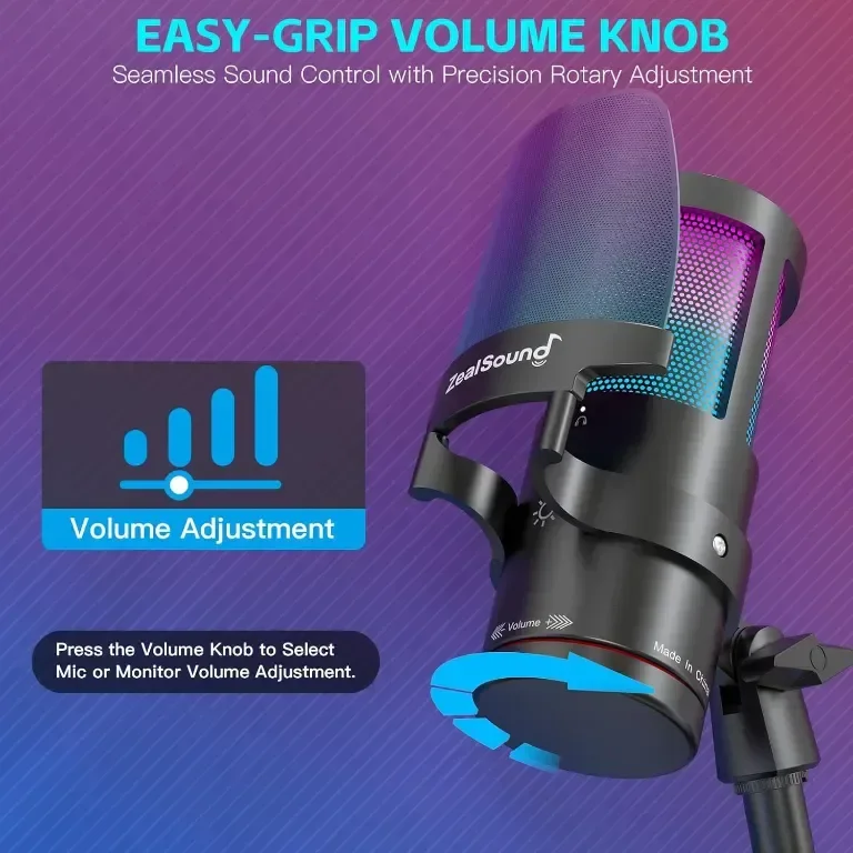 USB микрофон за игри ZealSound, кондензаторен микрофон с шумопотискане, с RGB светлина — снимка 5