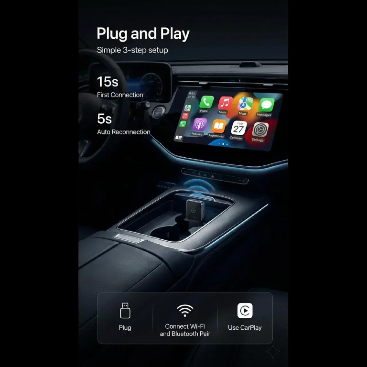 Безжичен Carplay адаптер, подходящ за почти всички автомобили с Carplay — снимка 5