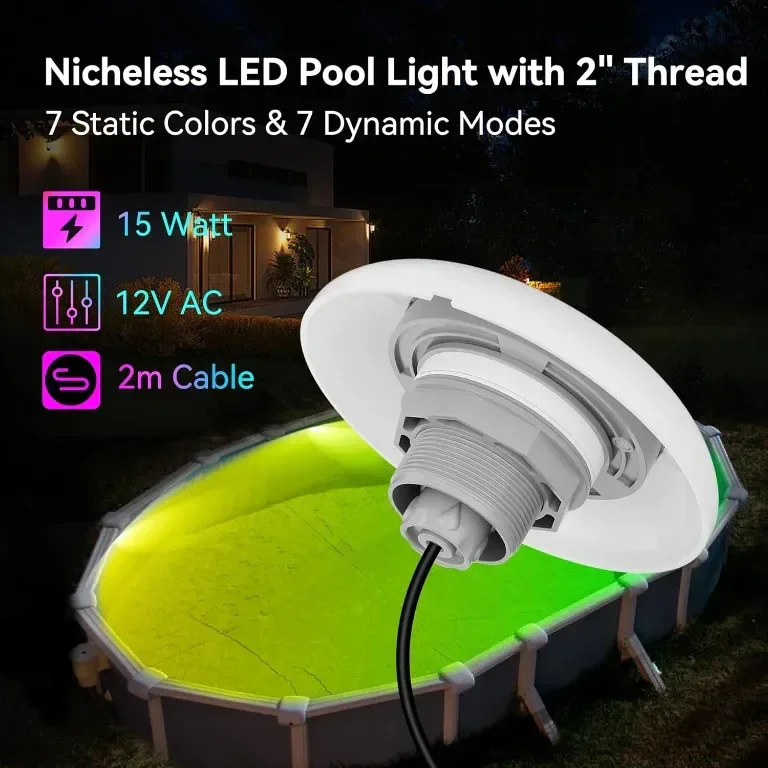 LED осветление за басейн LyLmLe с външна резба 5 см, 15W RGB, Ø190 мм, 12VAC — снимка 4