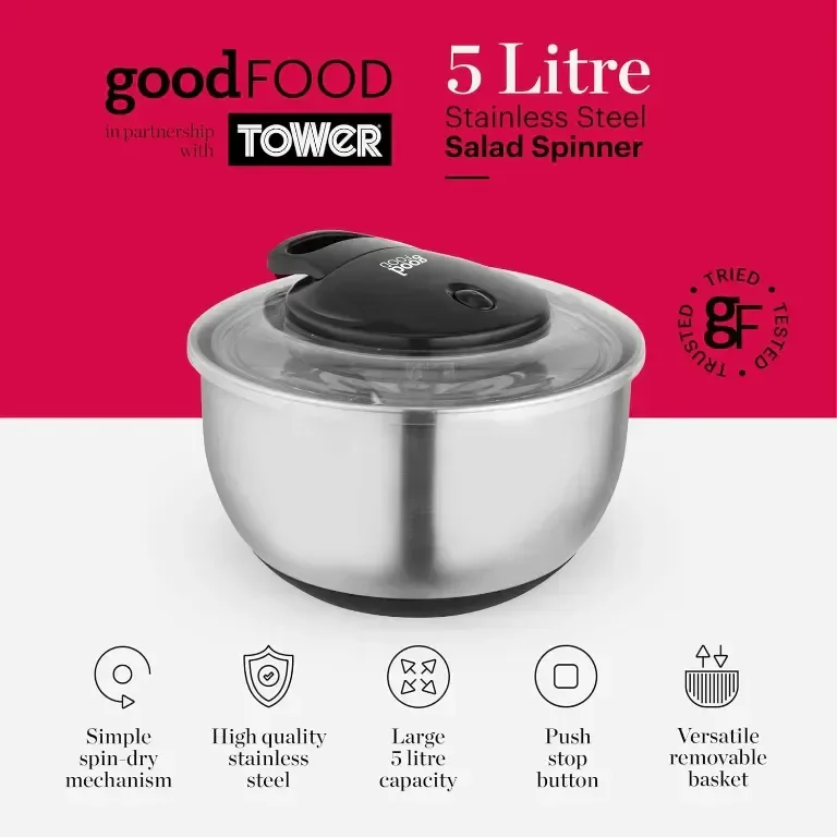 GF847071 Good Food спинър за салата, с подвижна кошница и неплъзгаща се основа, 5 литра, сребристо — снимка 2