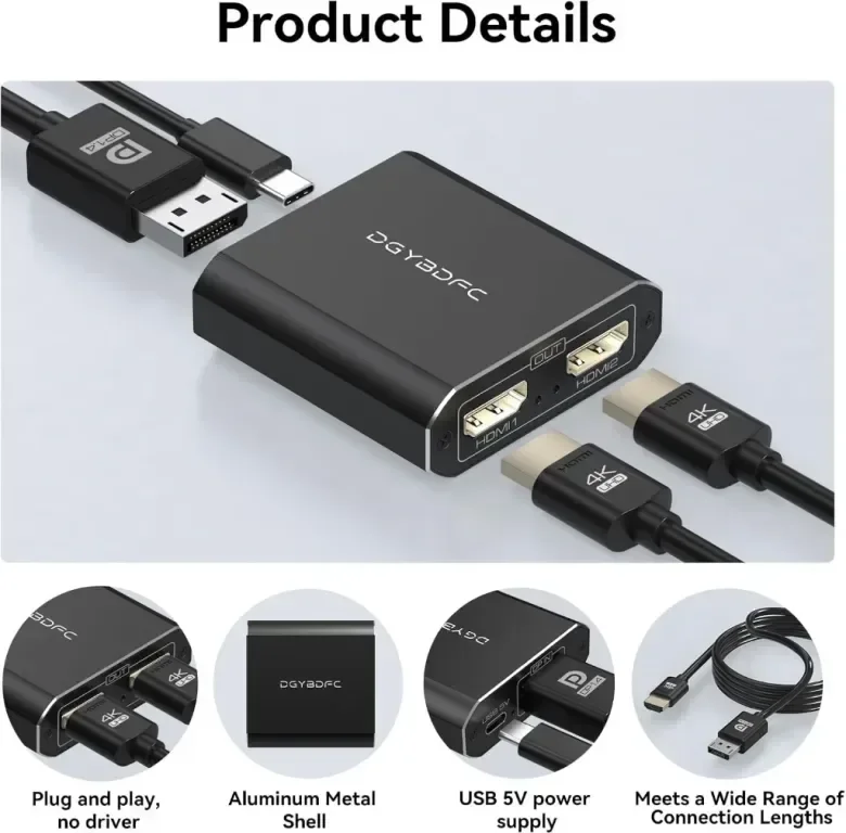 DGYBDFC 4K60Hz Displayport към двоен HDMI адаптер, DP 1.4 към 2х HDMI 2.0 — снимка 6