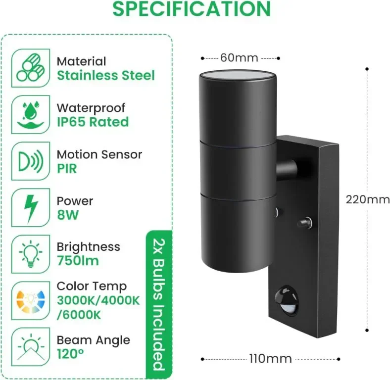 ALUSSO LED стенна лампа PIR сензор за движение 8W 750LM, нагоре надолу, 2 крушки — снимка 2