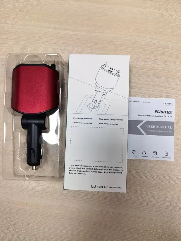 PLDHPRO Red 4 в 1 прибиращо се зарядно за кола, 80W с 82 см прибиращ се USB-C и iOS кабел
