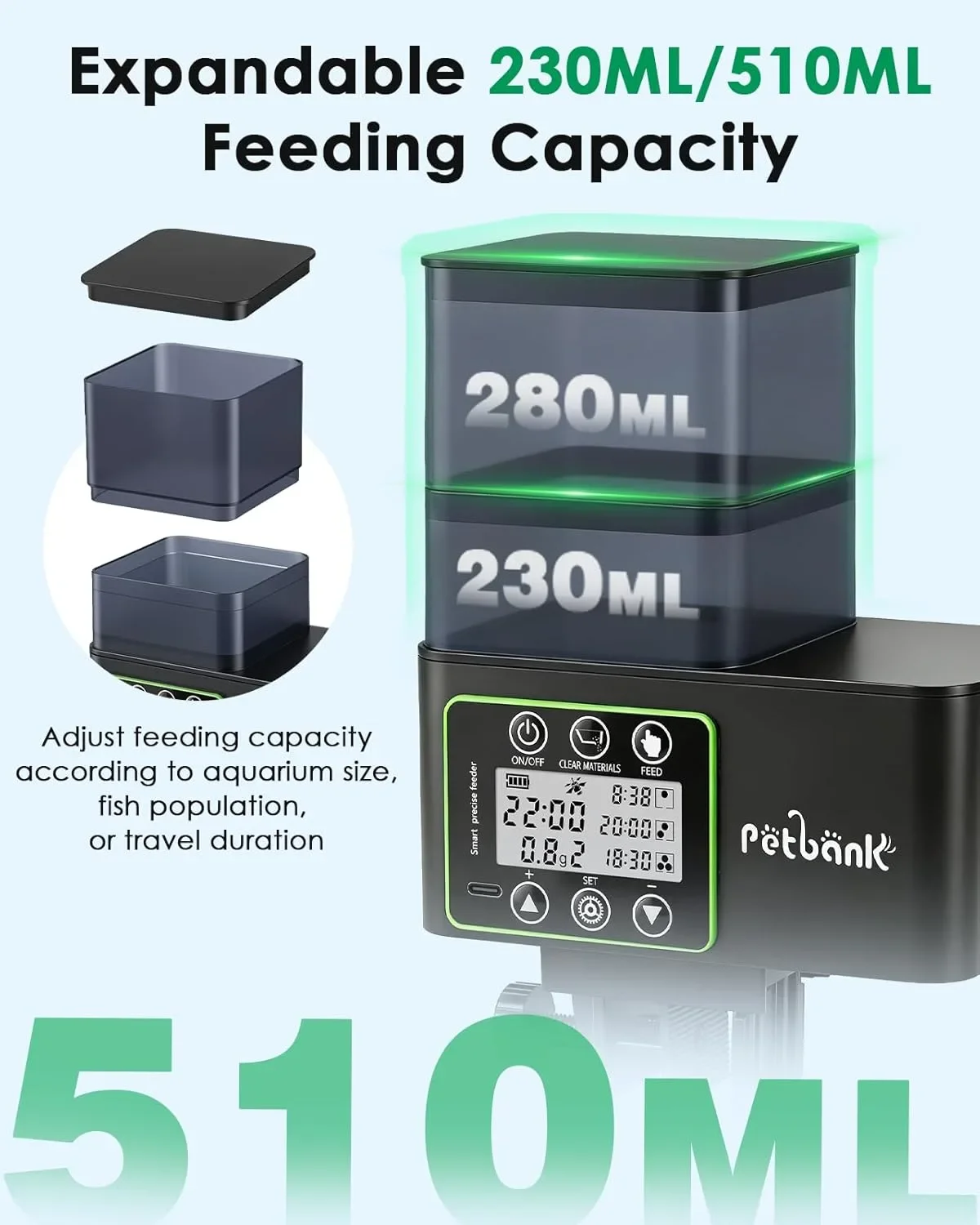 Автоматична хранилка за риби Petbank с програмиране, LCD дисплей и вградена батерия — снимка 4