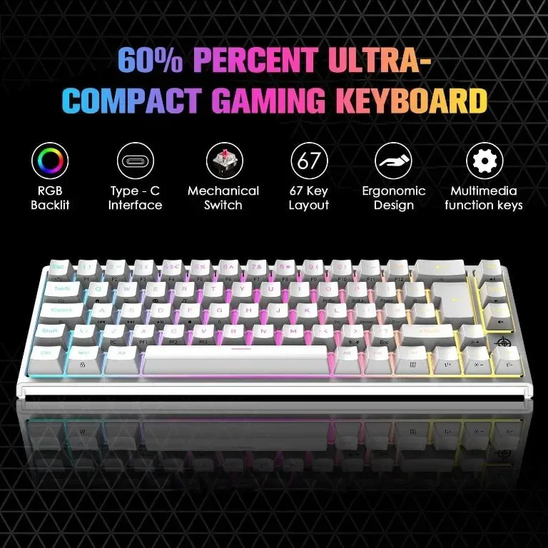EWEADN MK26 UK Layout 60% игрална клавиатура, 22 RGB Chroma Backlit, 67 клавиша, USB кабелна — снимка 2