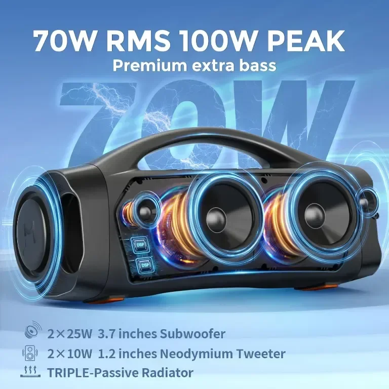 Bluetooth високоговорител TMECTO, 70 W, със стерео сдвояване/AUX/USB/Високоговорител, IPX7