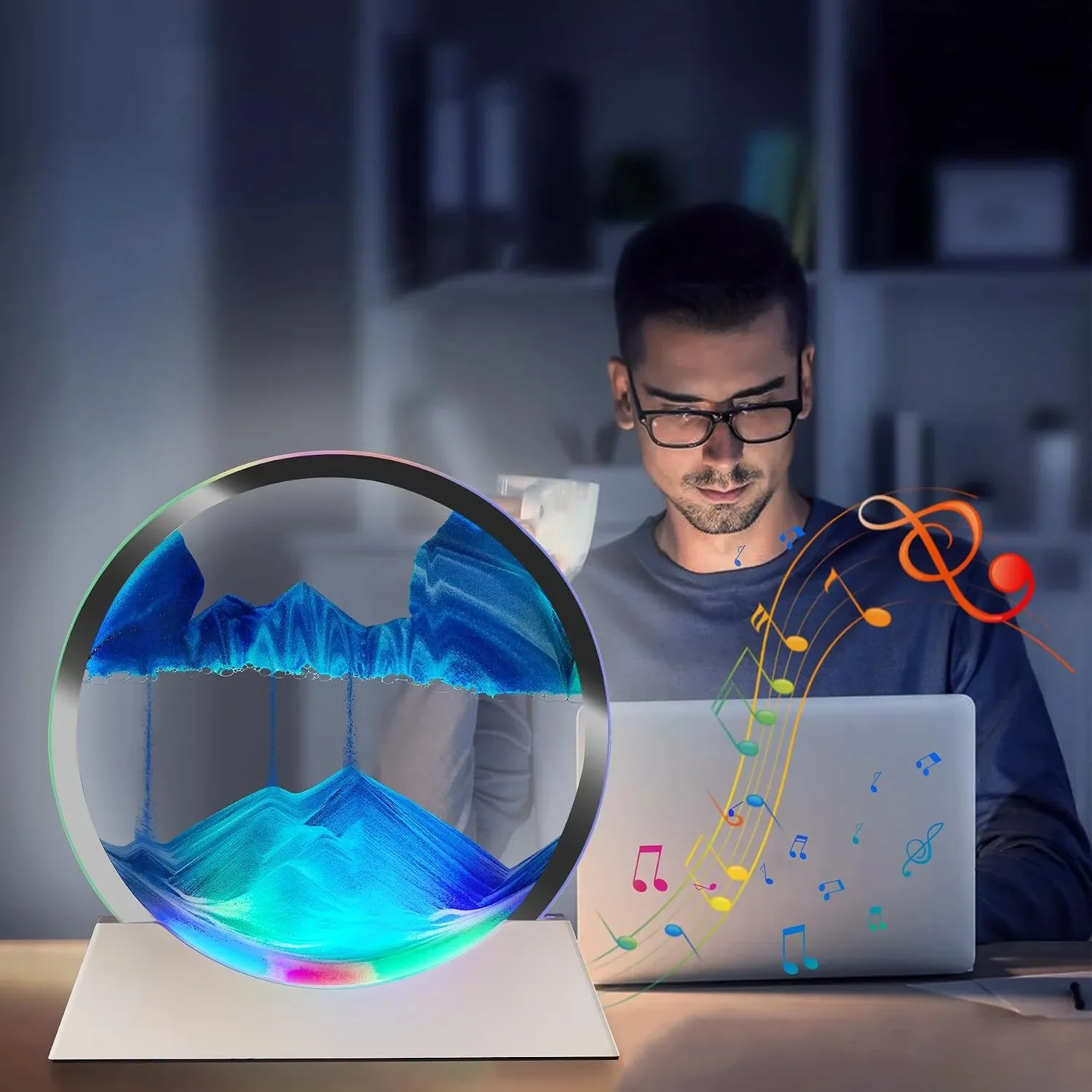 Смарт LED нощна пясъчна лампа с 360° въртящ се пясък, Bluetooth музика и дистанционно управление (USB) — снимка 3