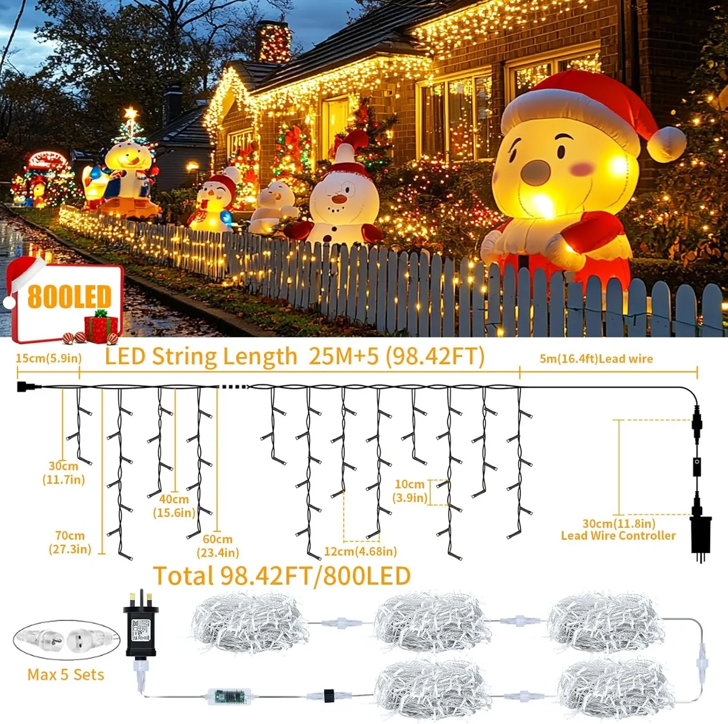 Коледни LED „ледуни“/LED curtain светлини 25M+5M, 800 LED, 8 режима, таймер и дистанционно — снимка 2