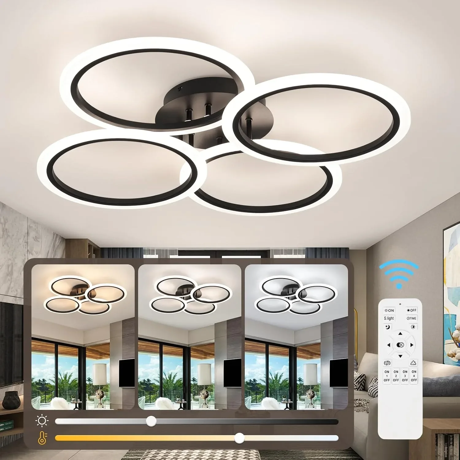 Смарт LED полилей/плафон с 4 пръстена и дистанционно за таван (димер, 3000–6000K) — снимка 3