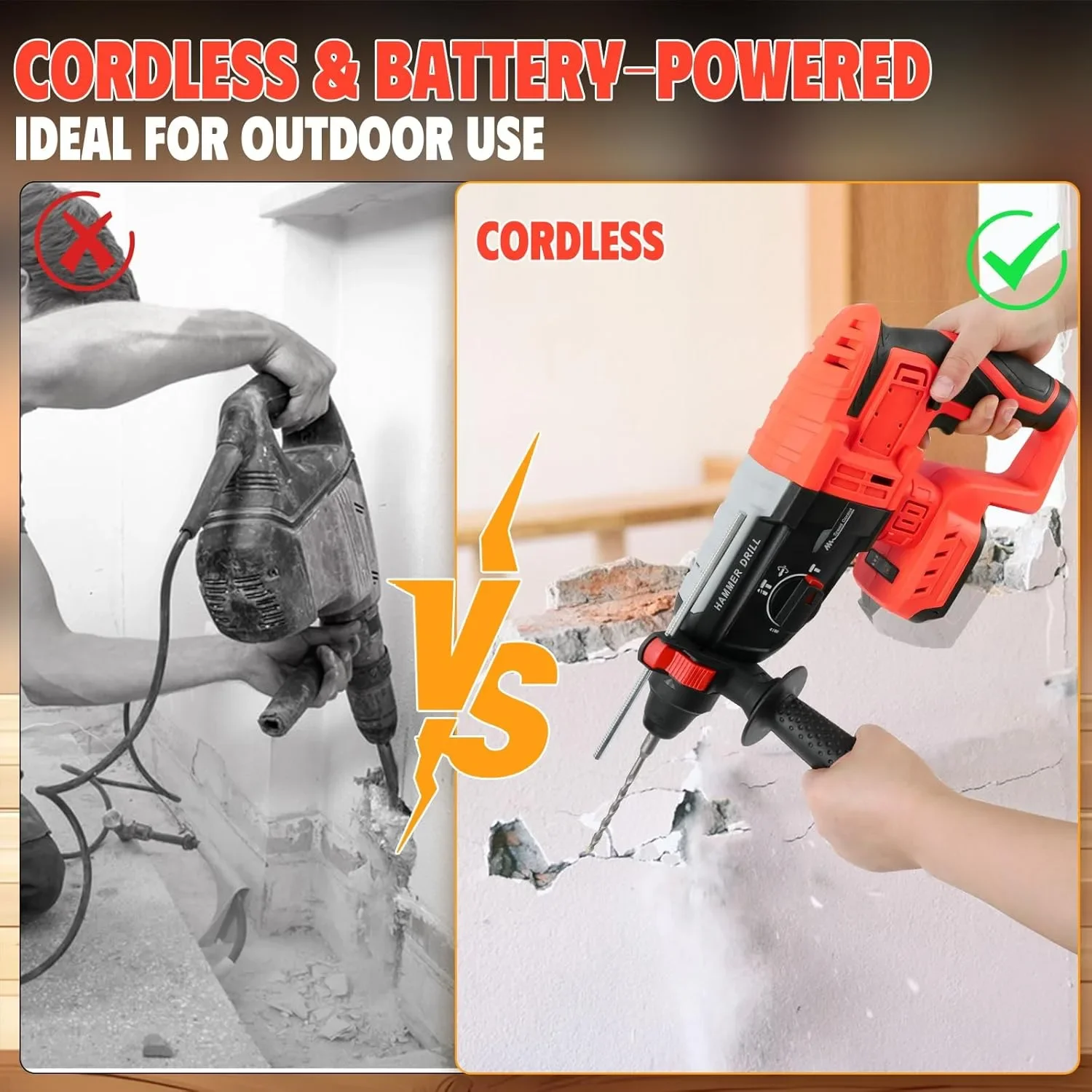 Акумулаторен перфоратор/къртач тип “hammer drill” с 3 свредла, SDS-Plus и помощна дръжка — снимка 3