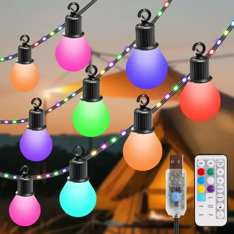 IRISECO 12,5м цветни външни крушки, Водоустойчиви Festoon светлини, 100LED+20 крушки, 12 режима USB