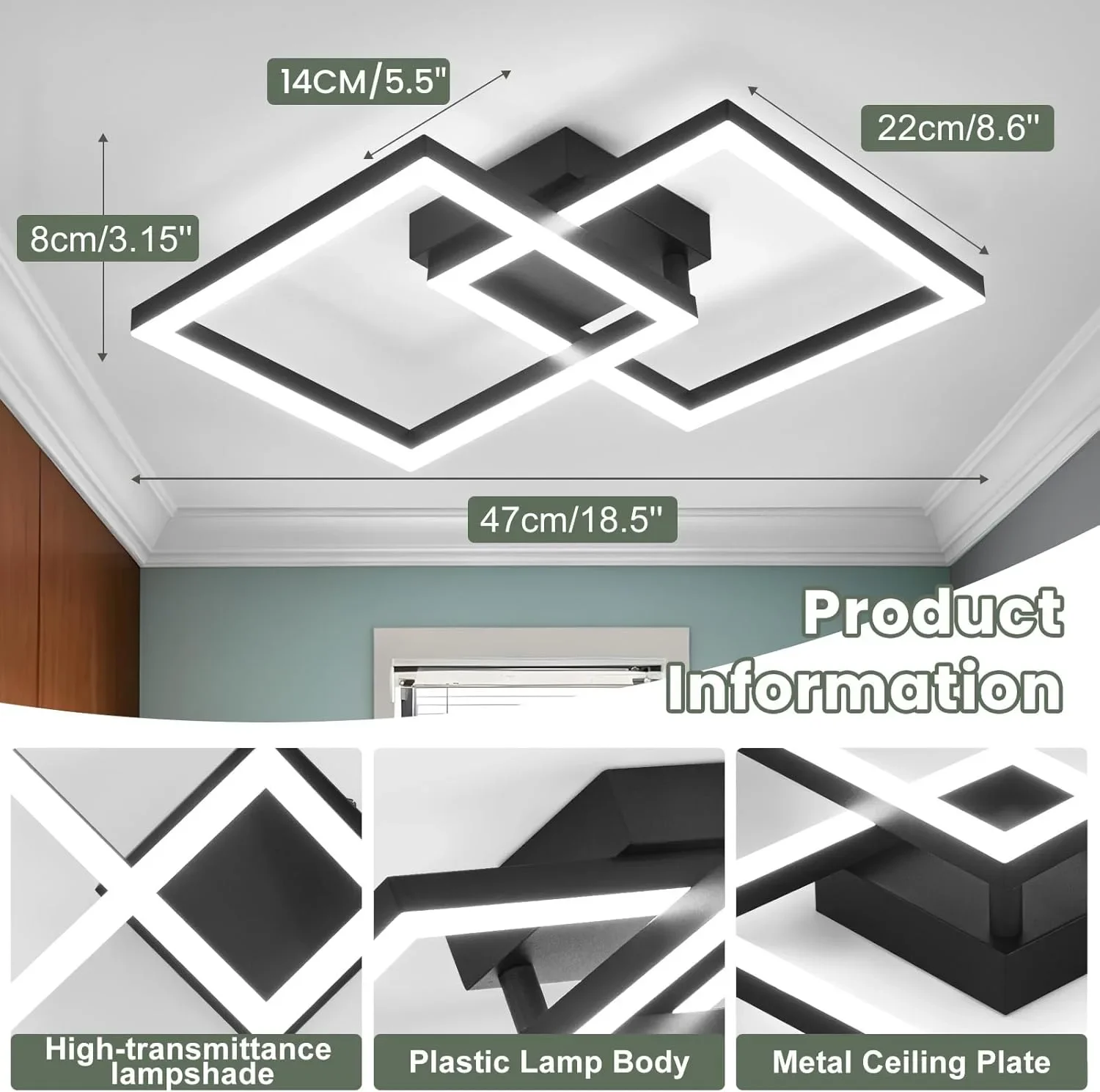 LED лампа за таван 22 W 47 см 6500 K, черна геометрична визия, висок CRI (90+) — снимка 2