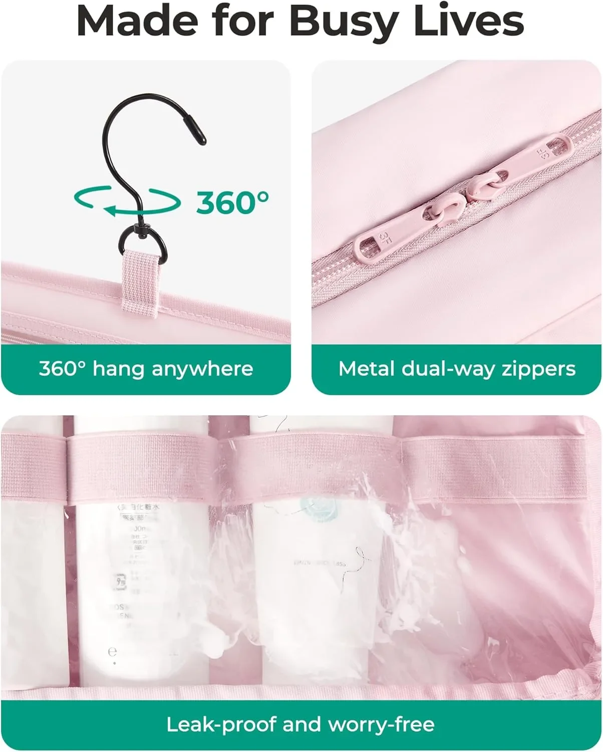 BAGSMART висяща пътна тоалетна чанта с кука, водоустойчива и с прозрачни отделения — снимка 5