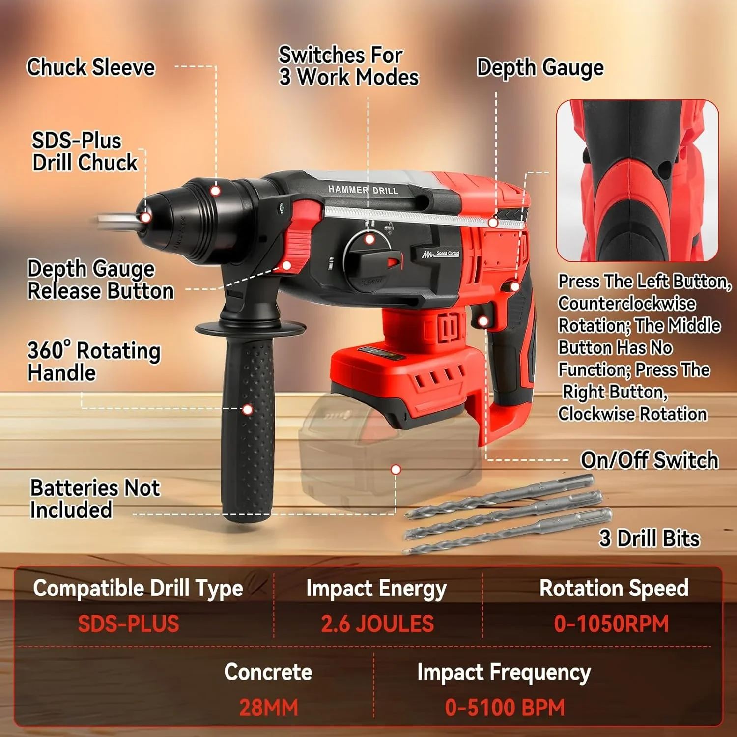 Акумулаторен перфоратор/къртач тип “hammer drill” с 3 свредла, SDS-Plus и помощна дръжка — снимка 7