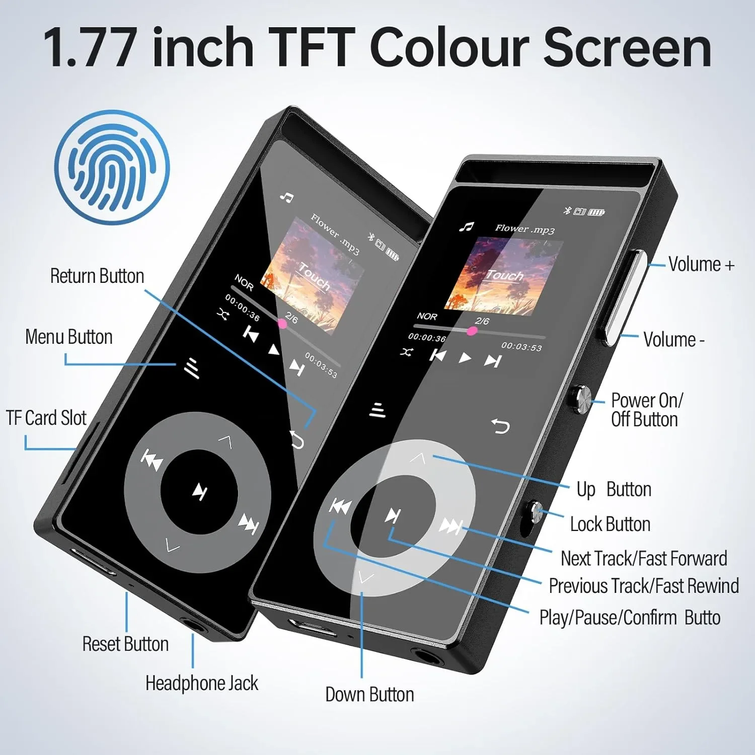 MP3 плеър 90GB Bluetooth 5.3, FM радио, HiFi звук, поддръжка до 128GB, слушалки — снимка 5