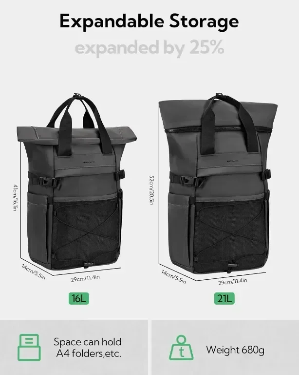 Раница Waterfly Roll Top 16-21 л, подходяща за 16 инча лаптоп, Тъмно сиво — снимка 2