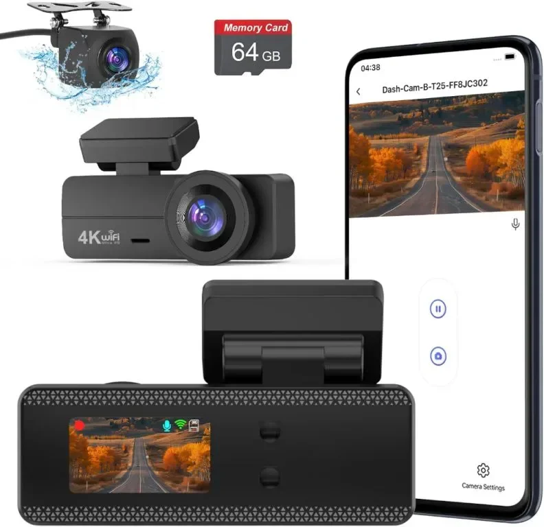 Предна и задна камера за управление 4K+1080P, WiFi, 64GB SD карта, с нощно виждане, G-сензор
