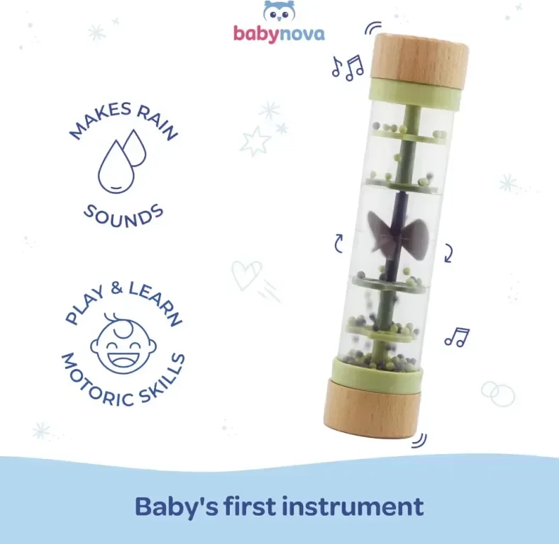 babynova Rainmaker Дървена бебешка дрънкалка с успокояващ капещ звук за бебета 3+ месеца, зелена — снимка 2