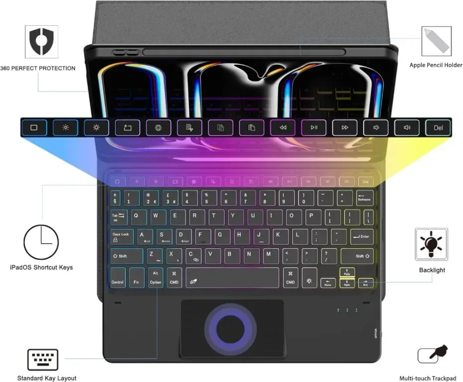 Калъф с клавиатура за iPad Pro 11-inch (M4) 2024, 3 зони и 7 цвята, подвижна клавиатура с подсветка — снимка 7