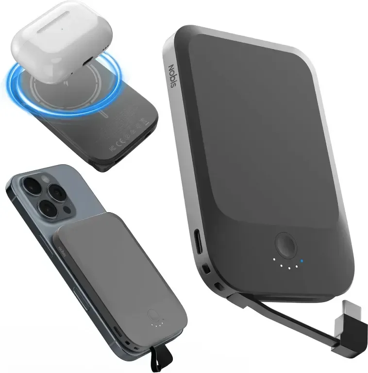 Nobis магнитна външна батерия 5000mAh с вграден кабел, QC 3.0 22.5W PD, черна
