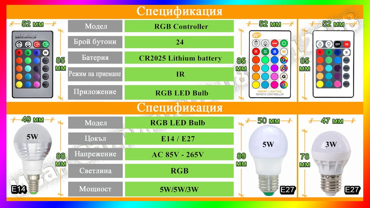 Многоцветна LED крушка с дистанционно управление + ПОДАРЪК батерия CR2025 — снимка 2